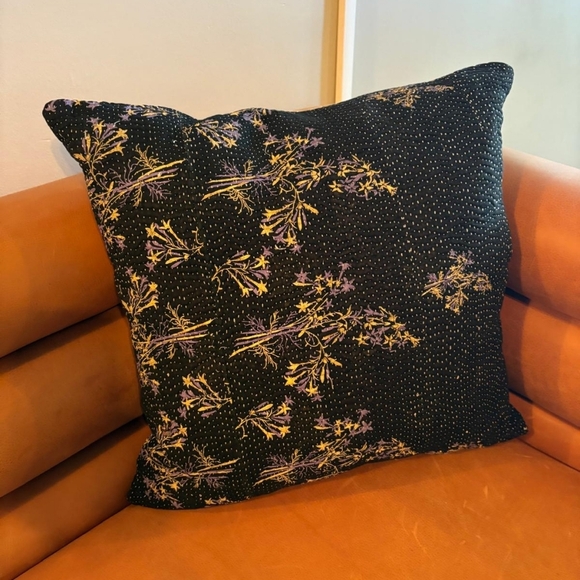 NWT Vintage One Of A Kind Sari Kantha Pillow-18in Black Floral